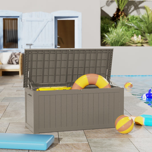 230 Gallon Outdoor Storage Box, Resin Deck Box, Waterproof , Lockable, UV-Resistant, Coffee