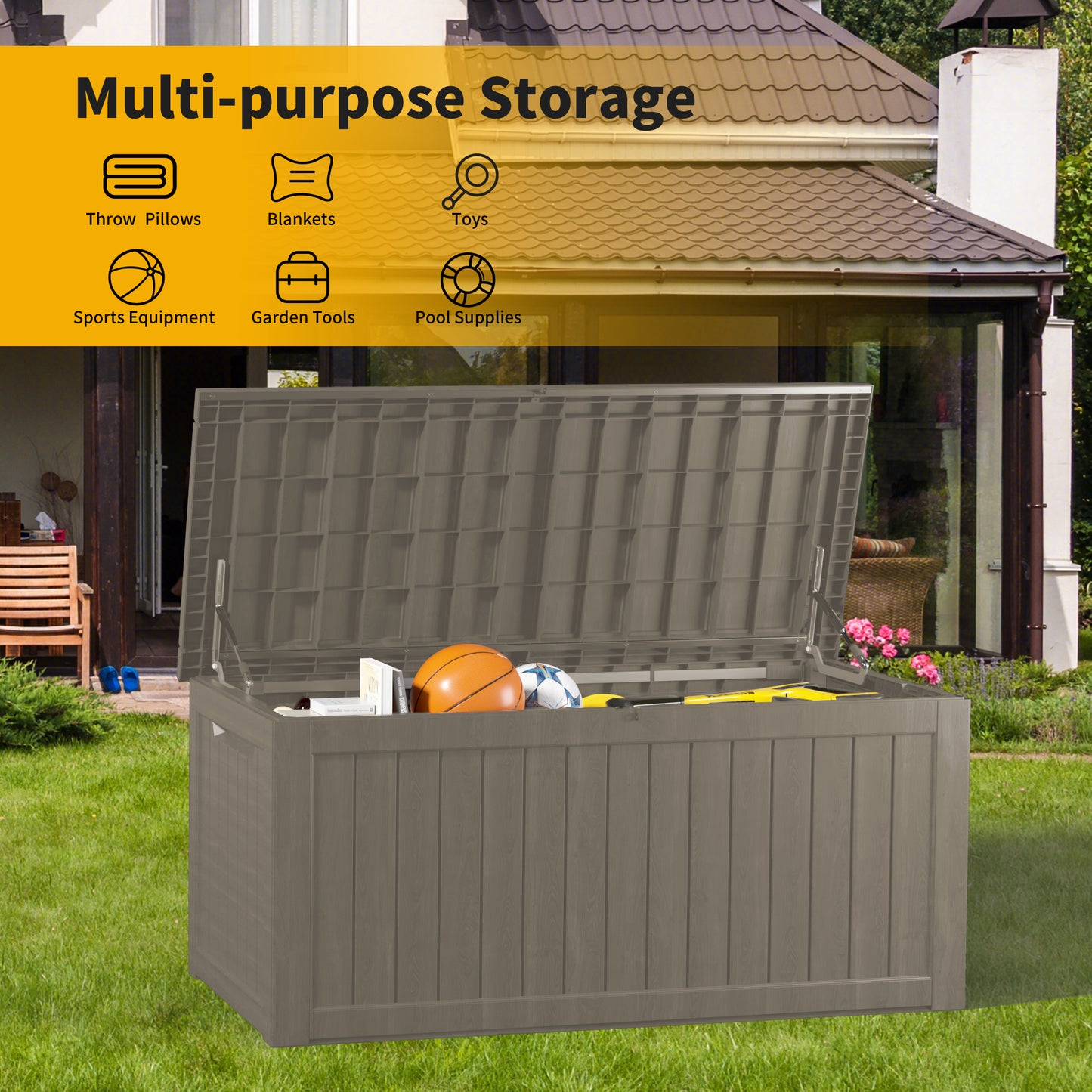 230 Gallon Outdoor Storage Box, Resin Deck Box, Waterproof , Lockable, UV-Resistant, Coffee