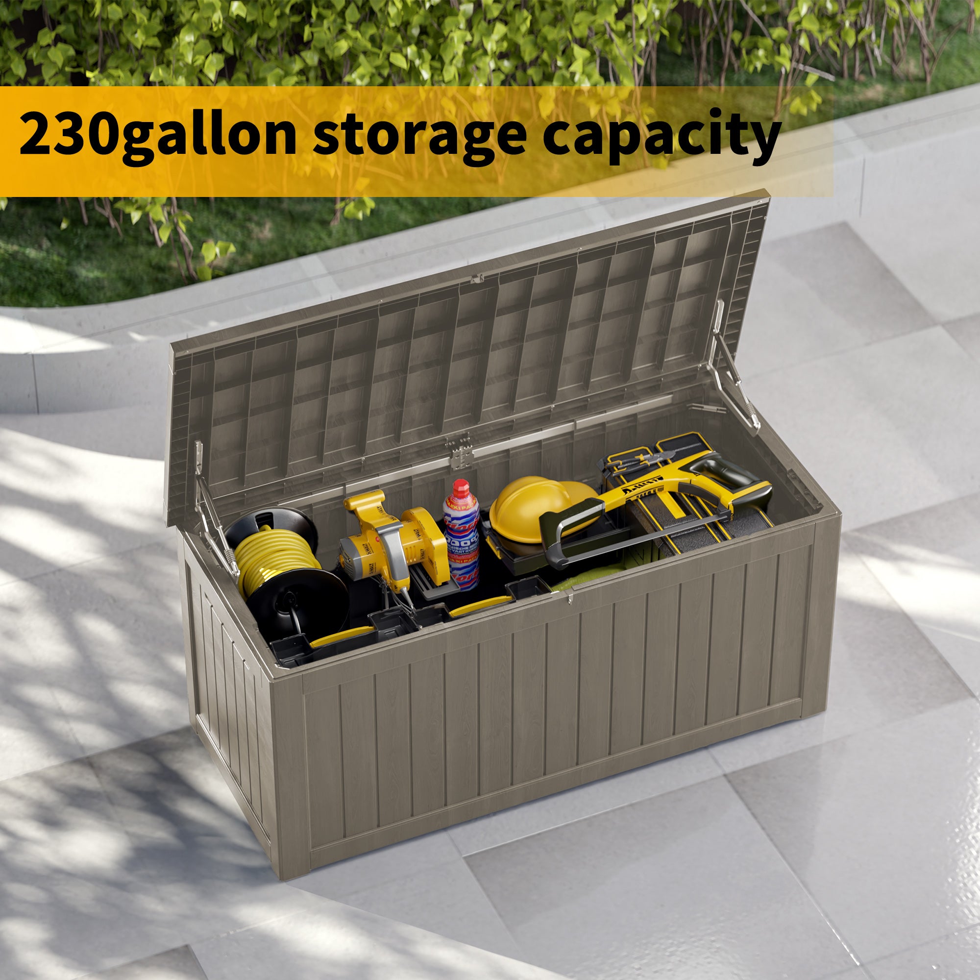230 gallon deck box with open lid and large storage capacity for outdoor gear