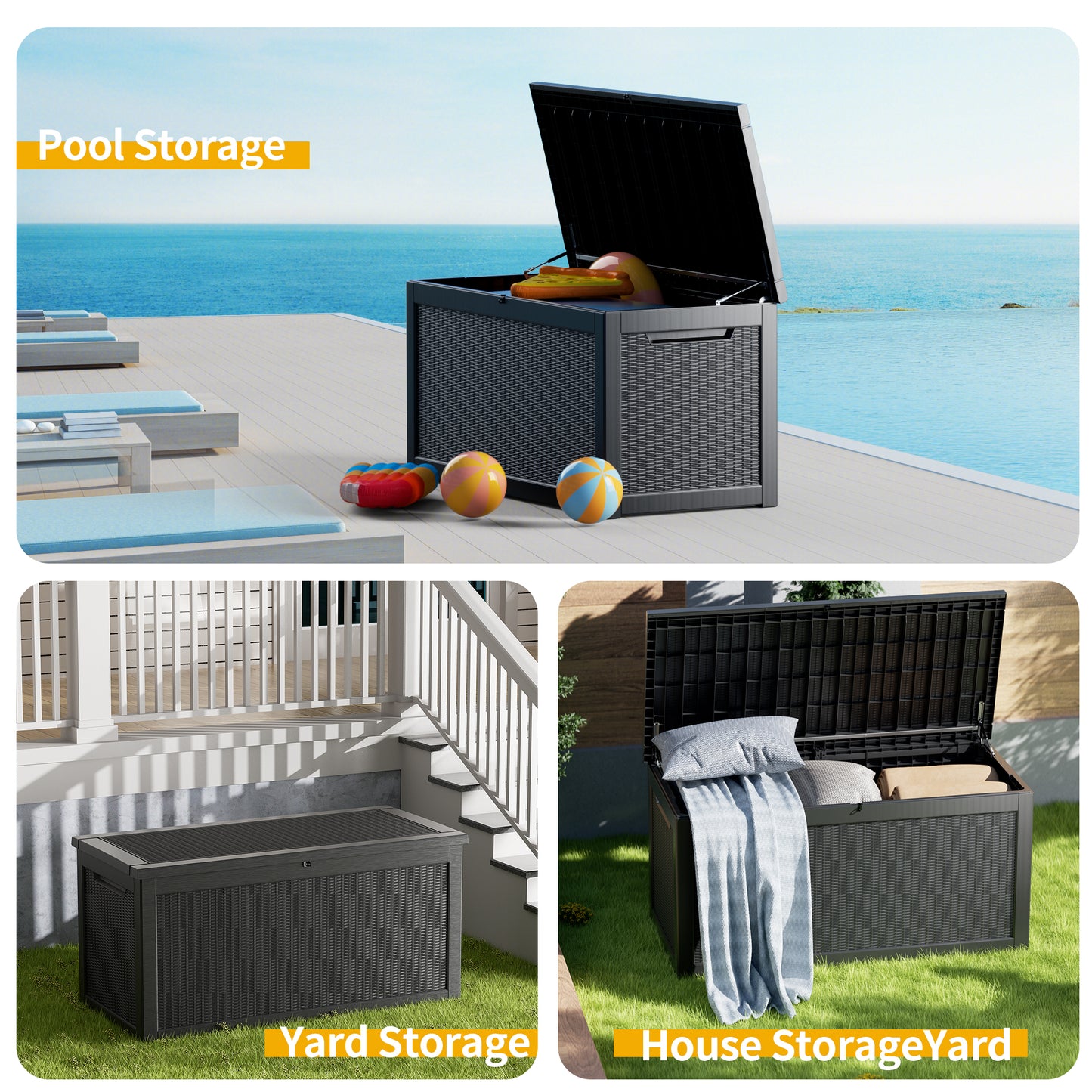 260 Gallon Outdoor Storage Box, Resin Deck Box, Waterproof , Lockable, UV-Resistant, Black