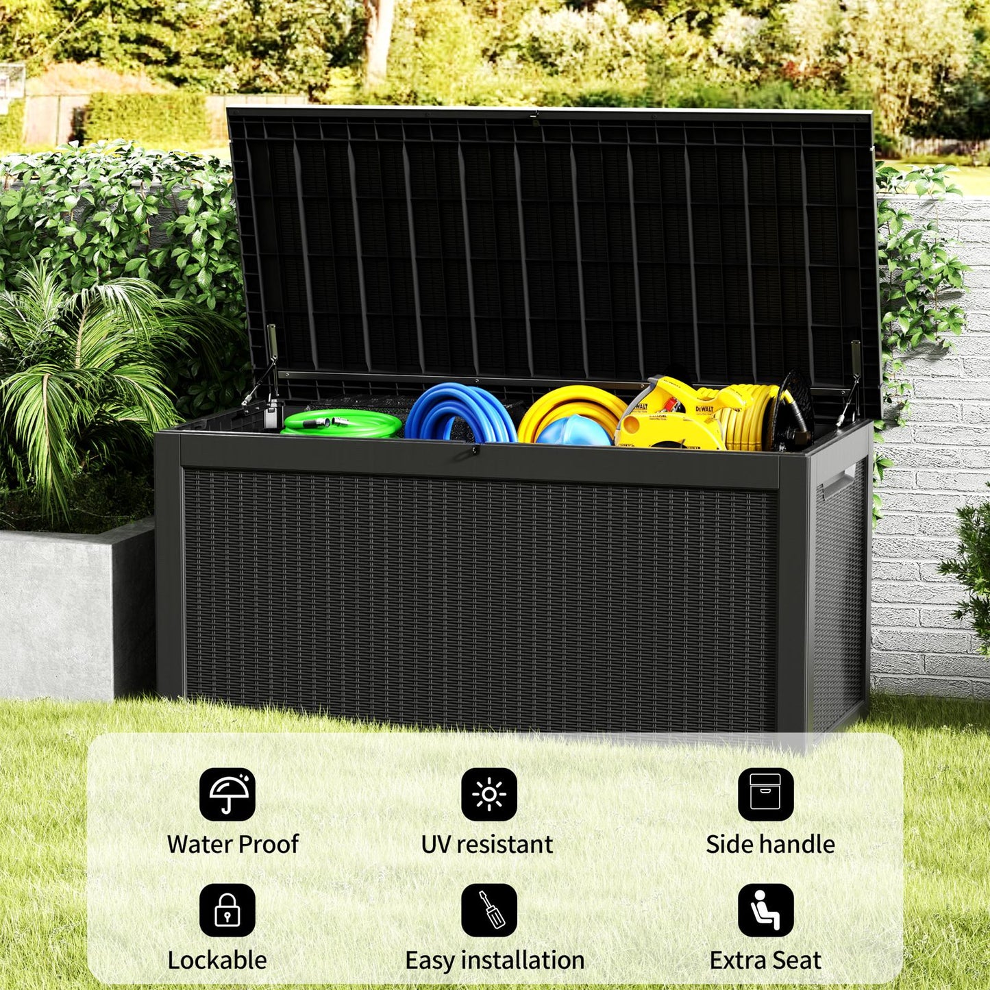 260 Gallon Outdoor Storage Box, Resin Deck Box, Waterproof , Lockable, UV-Resistant, Black