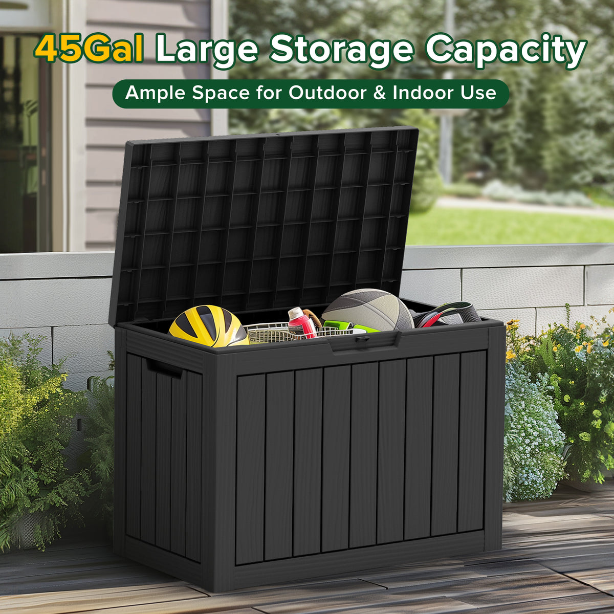 Black outdoor storage box for garden and patio accessories
