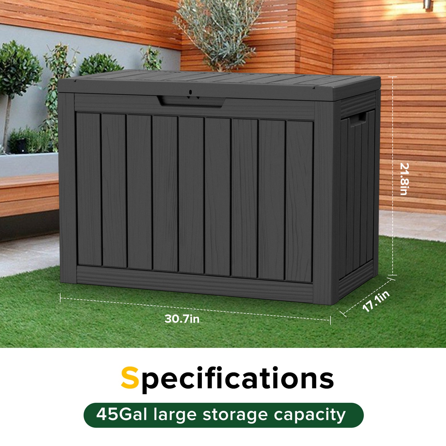 45 Gallon Outdoor Storage Box, Resin Deck Box, Waterproof , Lockable, UV-Resistant, Black