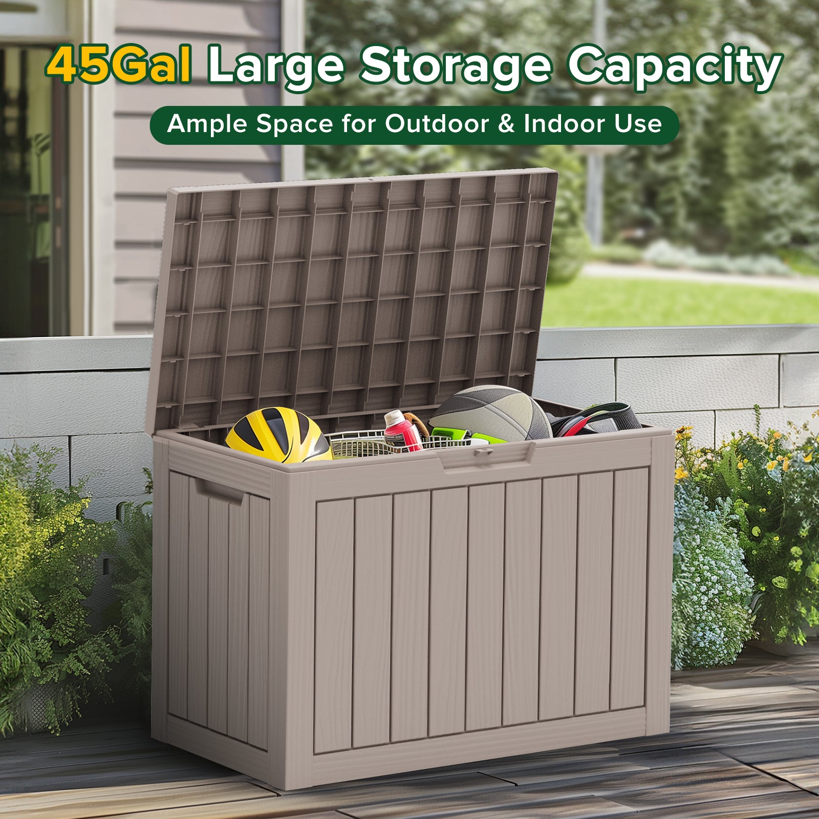 45 gallon resin deck box with large storage capacity for outdoor essentials