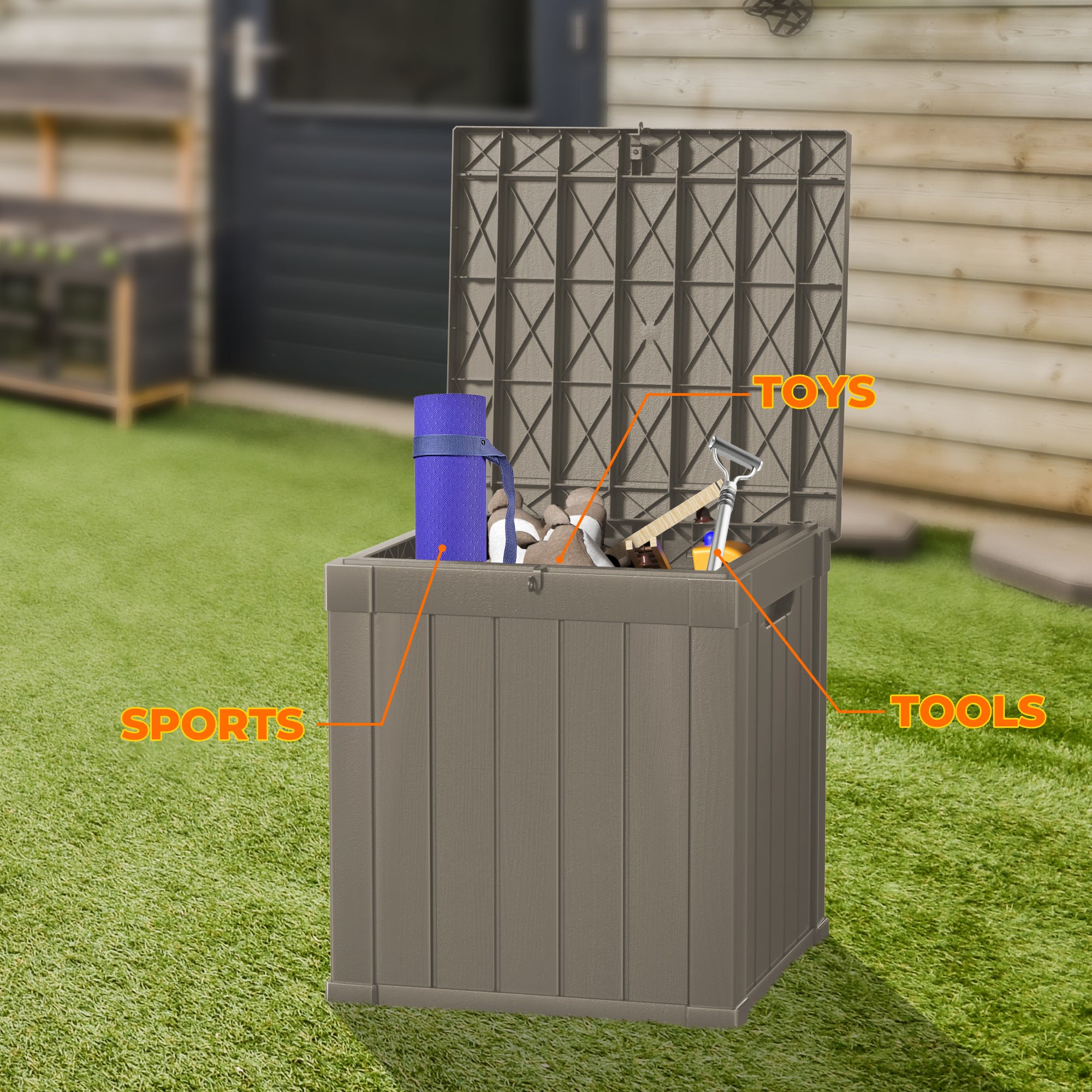 50 gallon resin deck box in a backyard garden setting