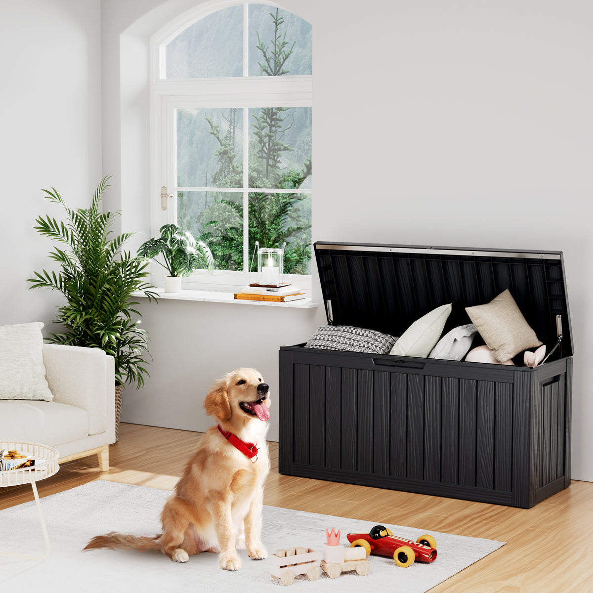 Black 80 gallon resin deck box with wood-look panel design