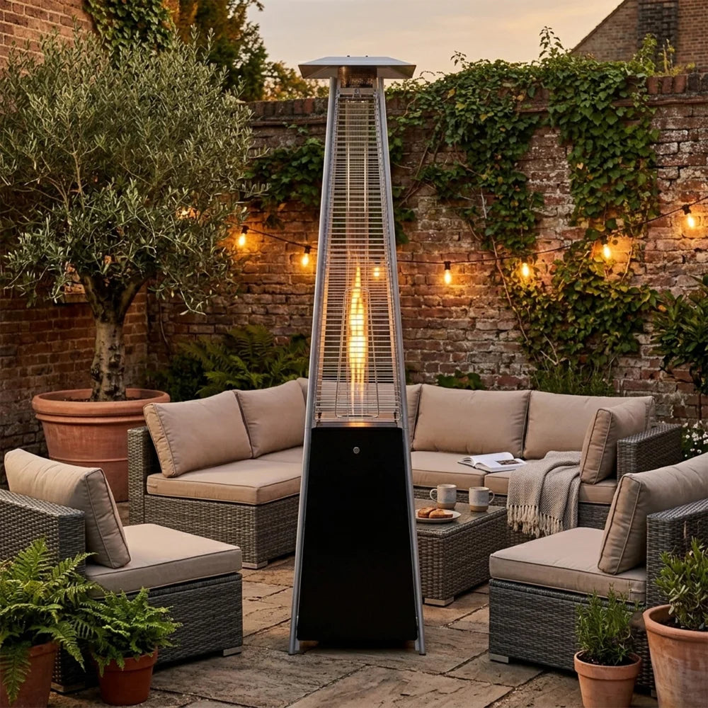 Black outdoor tower flame patio heater for patio seating