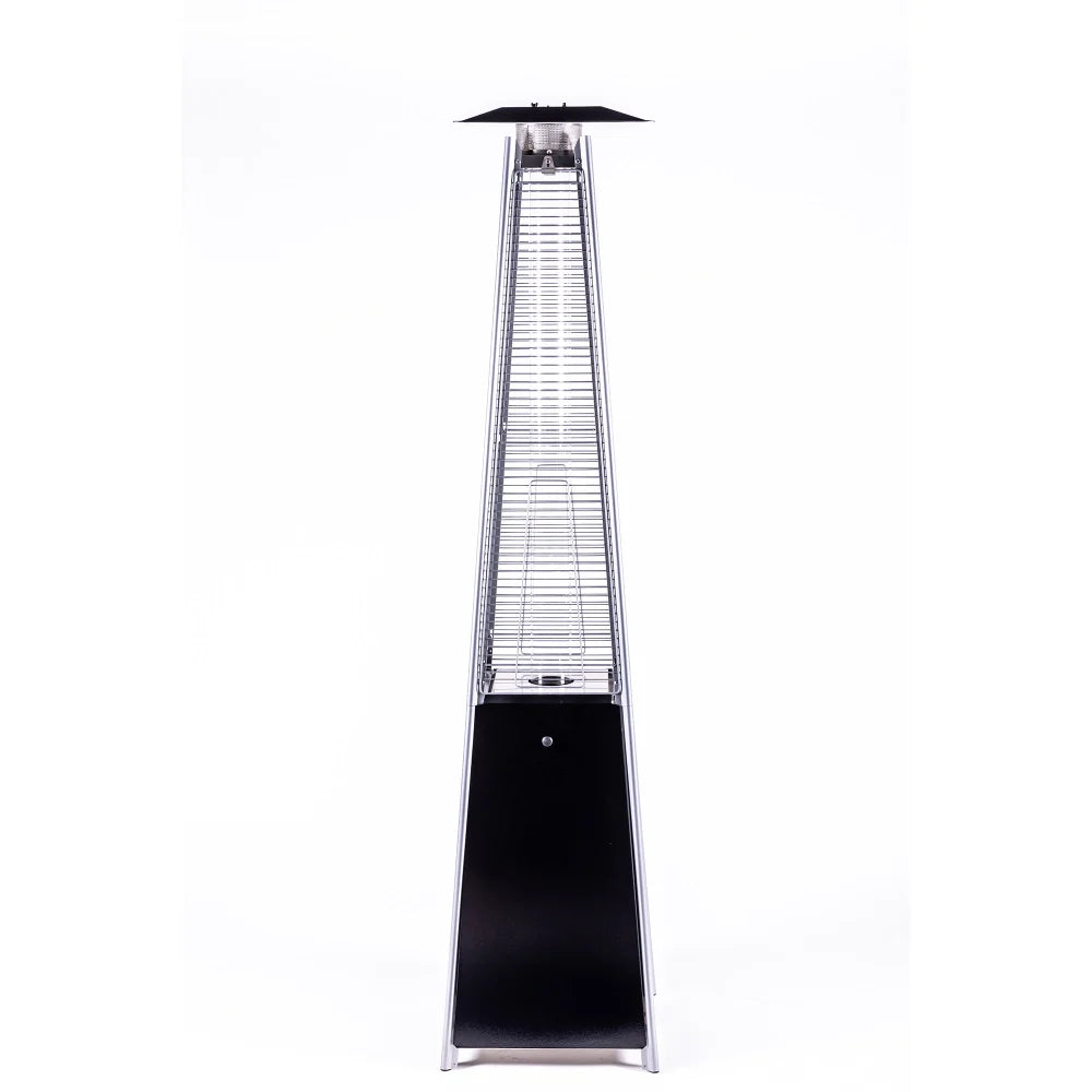 Black 40,000 BTU tower patio heater with glass flame tube
