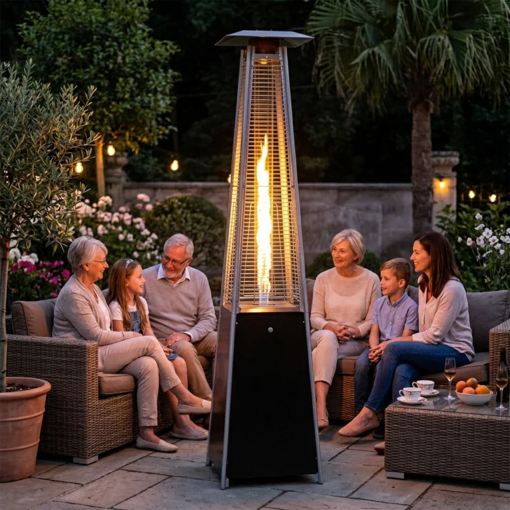 Black propane tower heater for backyard evening gatherings