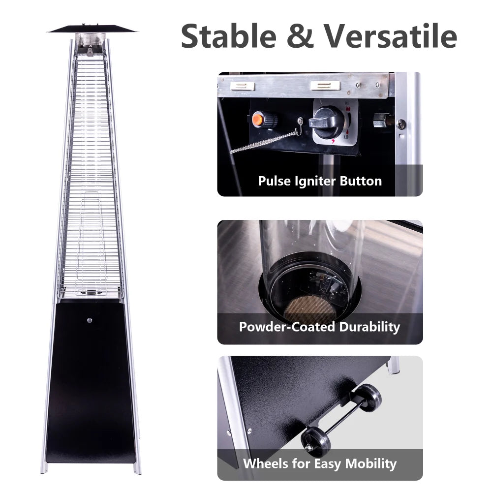 Black tower patio heater with wheels and stable base
