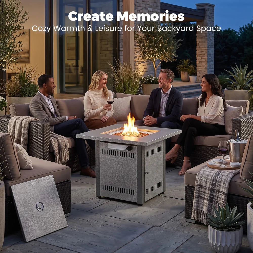 Yardgrace 28" Propane Fire Pit Table, 50,000 BTU Square Outdoor Gas Firepit with Lava Rocks and Hideaway Tank Storage, Mocha