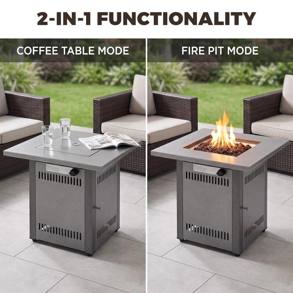 Yardgrace 28" Propane Fire Pit Table, 50,000 BTU Square Outdoor Gas Firepit with Lava Rocks and Hideaway Tank Storage, Mocha