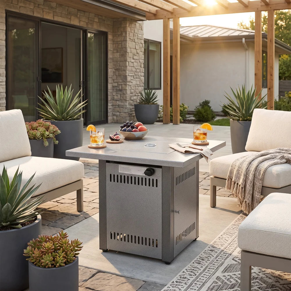 Yardgrace 28" Propane Fire Pit Table, 50,000 BTU Square Outdoor Gas Firepit with Lava Rocks and Hideaway Tank Storage, Mocha