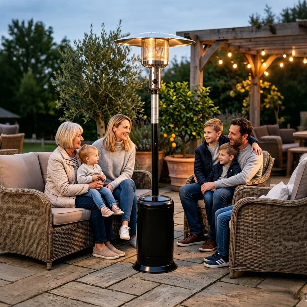 47,000 BTU Propane Patio Heater, 88" Tall Outdoor Standing Heater with Wheels & Auto Shut-Off, Hammered Black or Mocha or Silver| Yardgrace