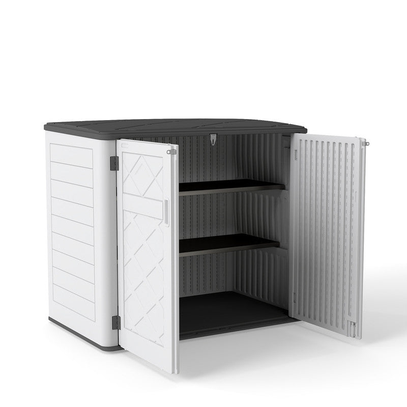 Yardgrace 38 Cu. Ft. Horizontal Outdoor Storage Shed with 2 Metal Shelves, Weatherproof Resin, White Or Brown