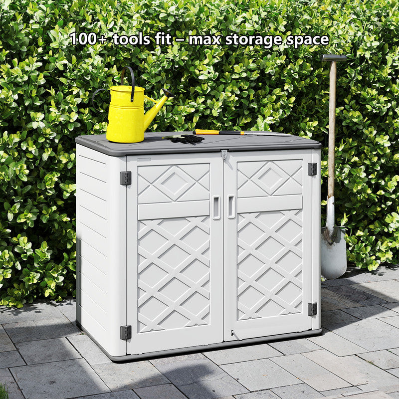 Yardgrace 38 Cu. Ft. Horizontal Outdoor Storage Shed with 2 Metal Shelves, Weatherproof Resin, White Or Brown