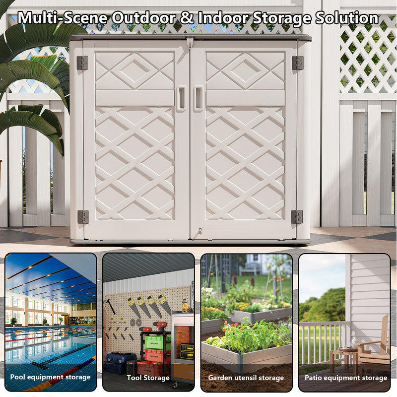 Yardgrace 38 Cu. Ft. Horizontal Outdoor Storage Shed with 2 Metal Shelves, Weatherproof Resin, White Or Brown
