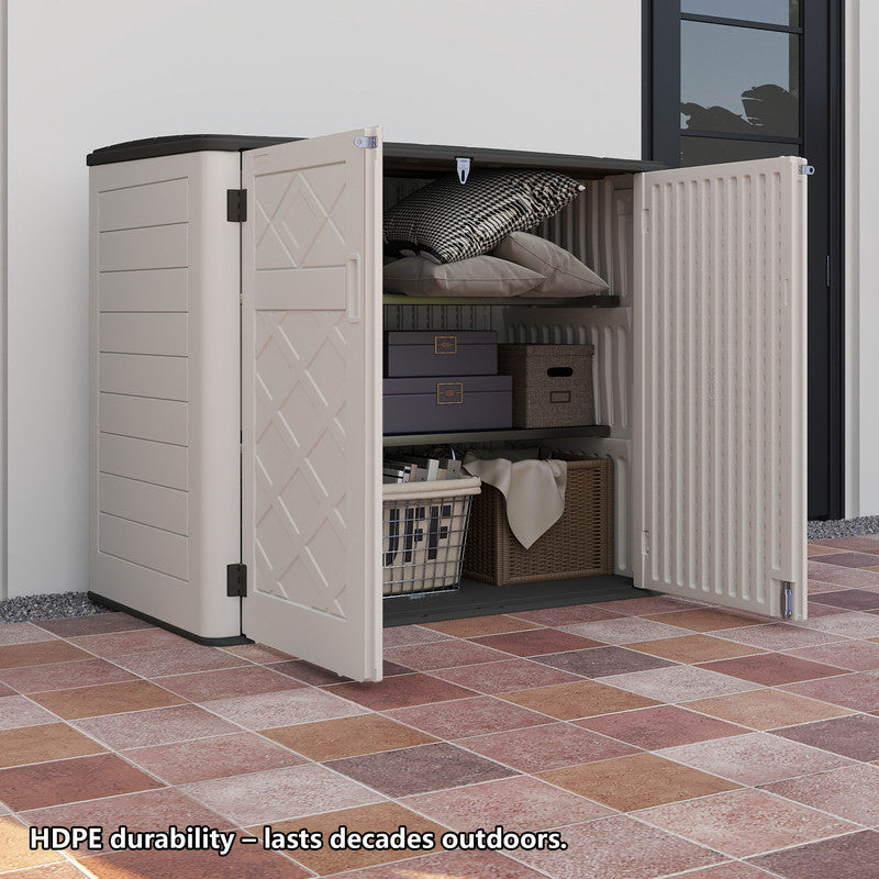 Yardgrace 38 Cu. Ft. Horizontal Outdoor Storage Shed with 2 Metal Shelves, Weatherproof Resin, White Or Brown