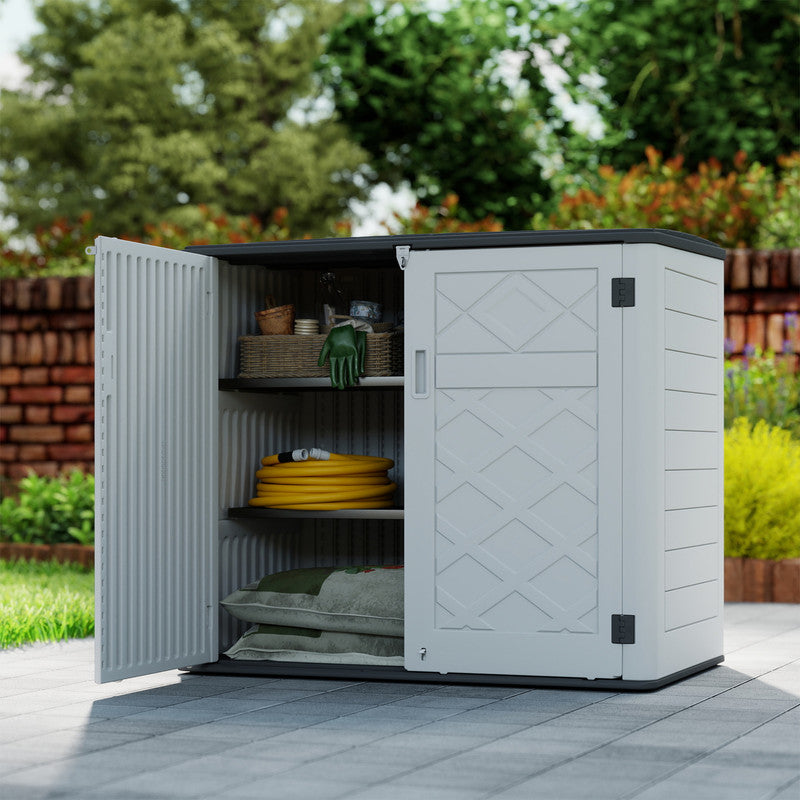 Yardgrace 38 Cu. Ft. Horizontal Outdoor Storage Shed with 2 Metal Shelves, Weatherproof Resin, White Or Brown