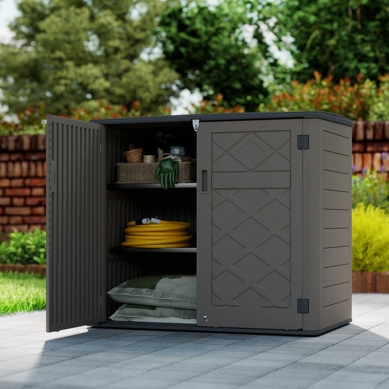 Yardgrace 38 Cu. Ft. Horizontal Outdoor Storage Shed with 2 Metal Shelves, Weatherproof Resin, White Or Brown