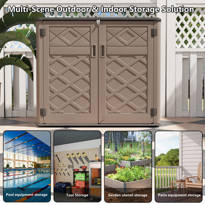 Yardgrace 38 Cu. Ft. Horizontal Outdoor Storage Shed with 2 Metal Shelves, Weatherproof Resin, White Or Brown