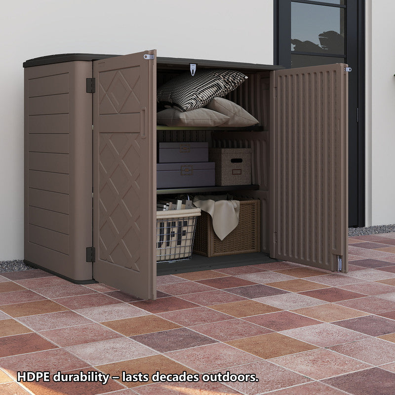 Yardgrace 38 Cu. Ft. Horizontal Outdoor Storage Shed with 2 Metal Shelves, Weatherproof Resin, White Or Brown