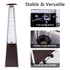 Brown tower patio heater with stable base and built-in wheels