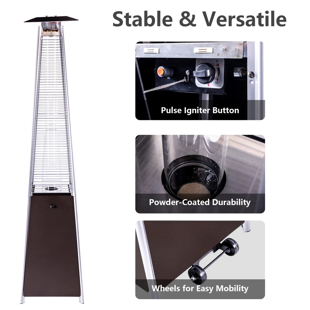 Brown tower patio heater with stable base and built-in wheels