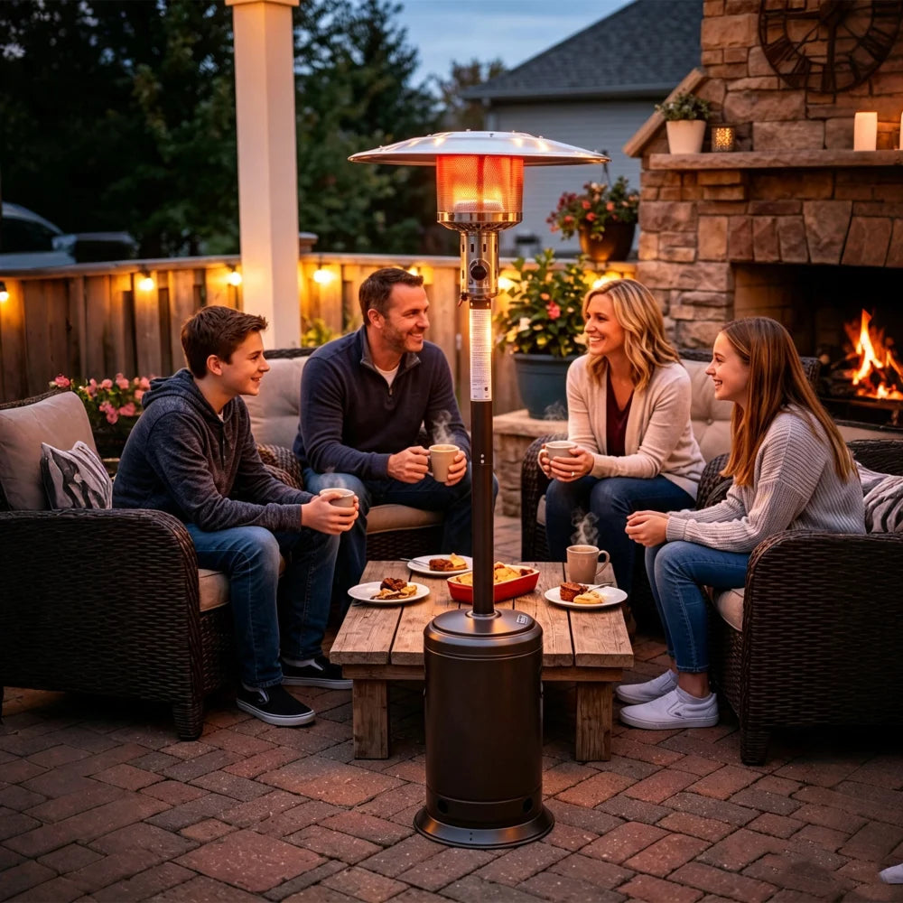 47,000 BTU Propane Patio Heater, 88" Tall Outdoor Standing Heater with Wheels & Auto Shut-Off, Hammered Black or Mocha or Silver| Yardgrace