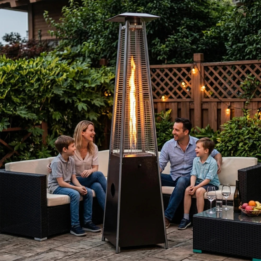 Brown tower flame patio heater for outdoor patio gatherings