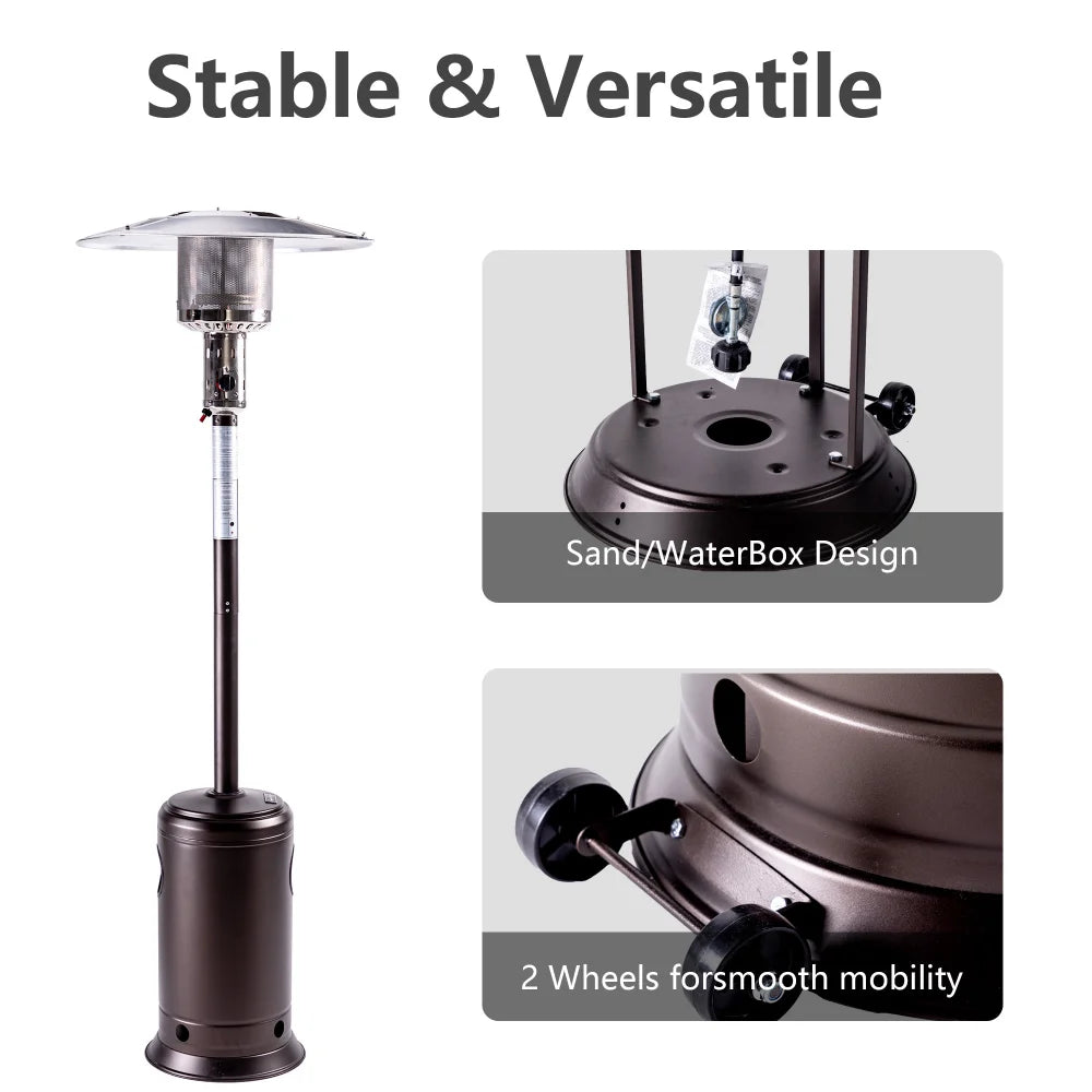 47,000 BTU Propane Patio Heater, 88" Tall Outdoor Standing Heater with Wheels & Auto Shut-Off, Hammered Black or Mocha or Silver| Yardgrace