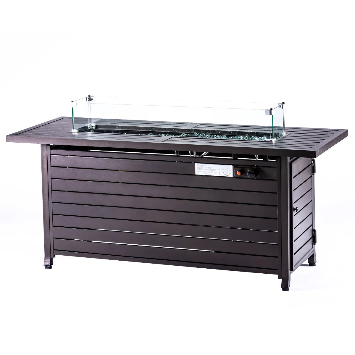 Mocha propane fire pit table with glass wind guard and decorative fire beads