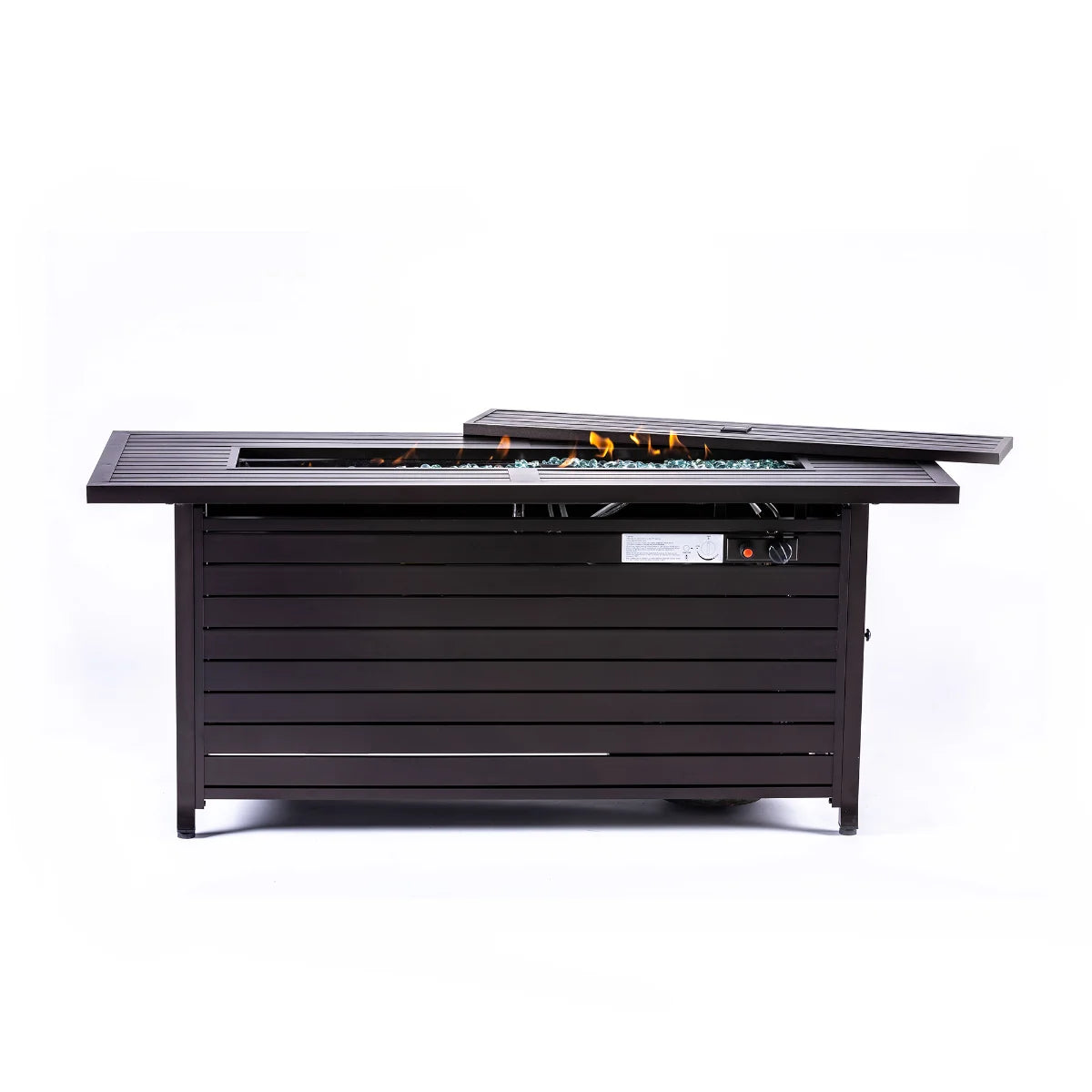 Mocha rectangular gas fire pit table with hidden propane tank storage