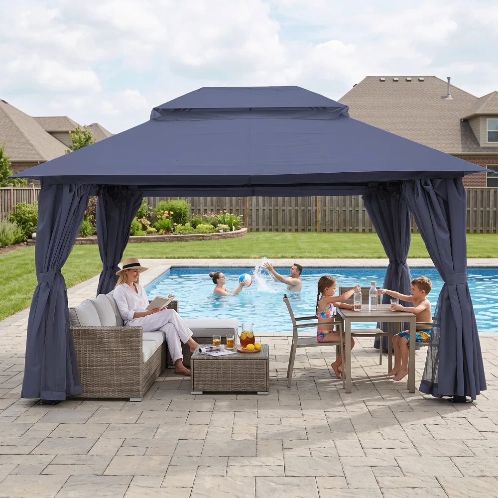 Navy Blue 13x10 outdoor gazebo beside pool and patio seating