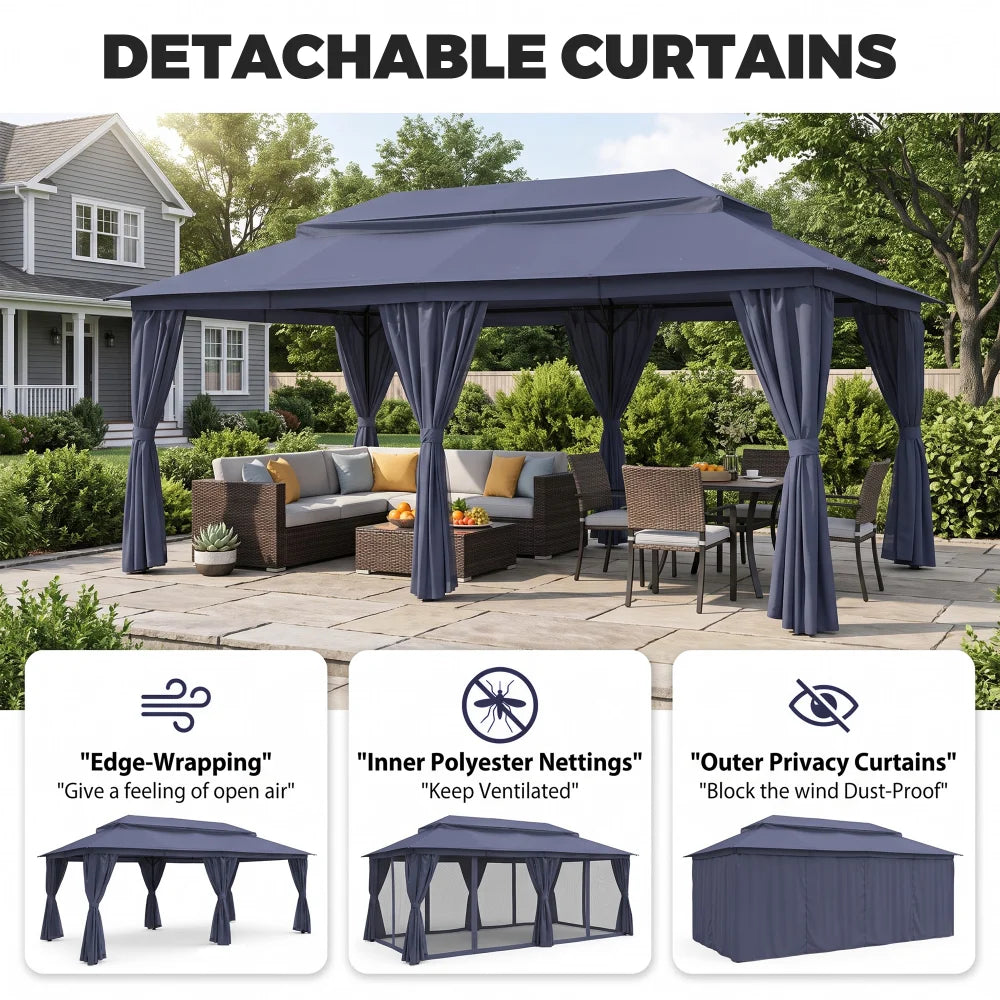 Navy blue patio gazebo with detachable privacy curtains