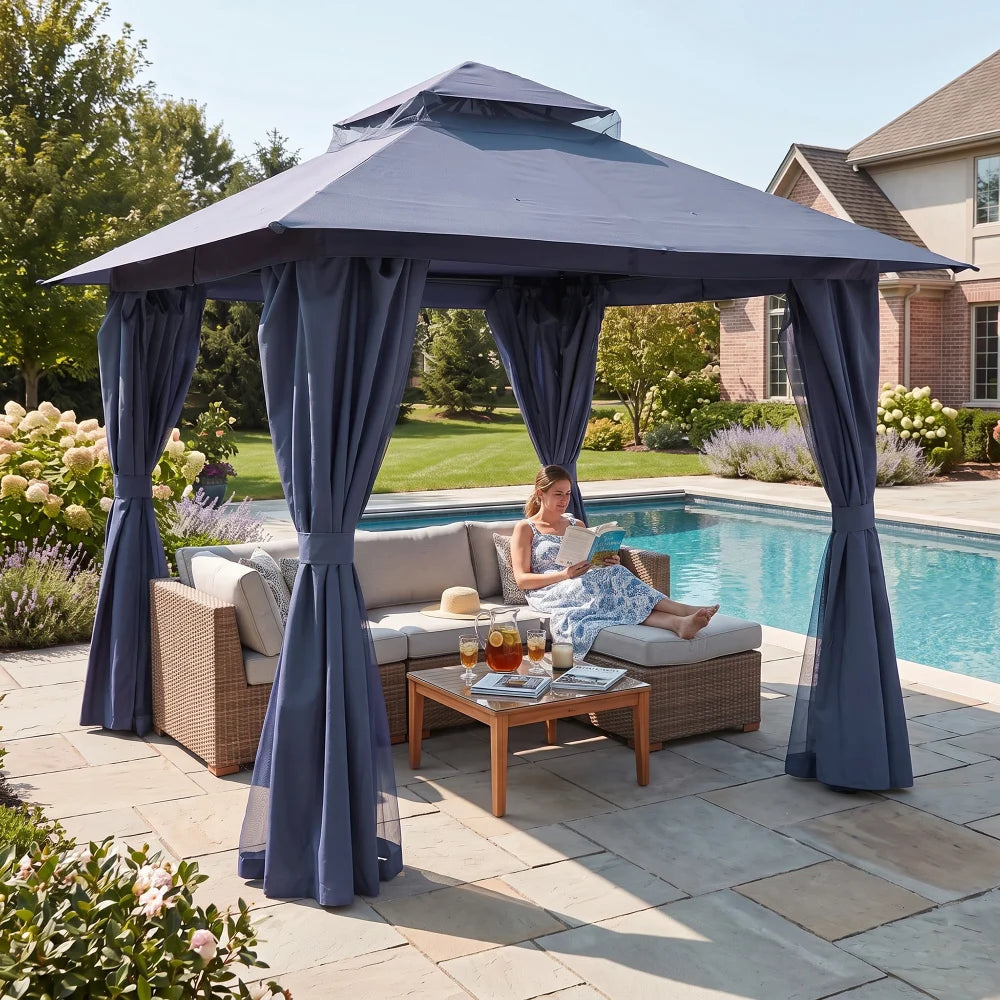 Navy blue outdoor gazebo beside pool and patio furniture