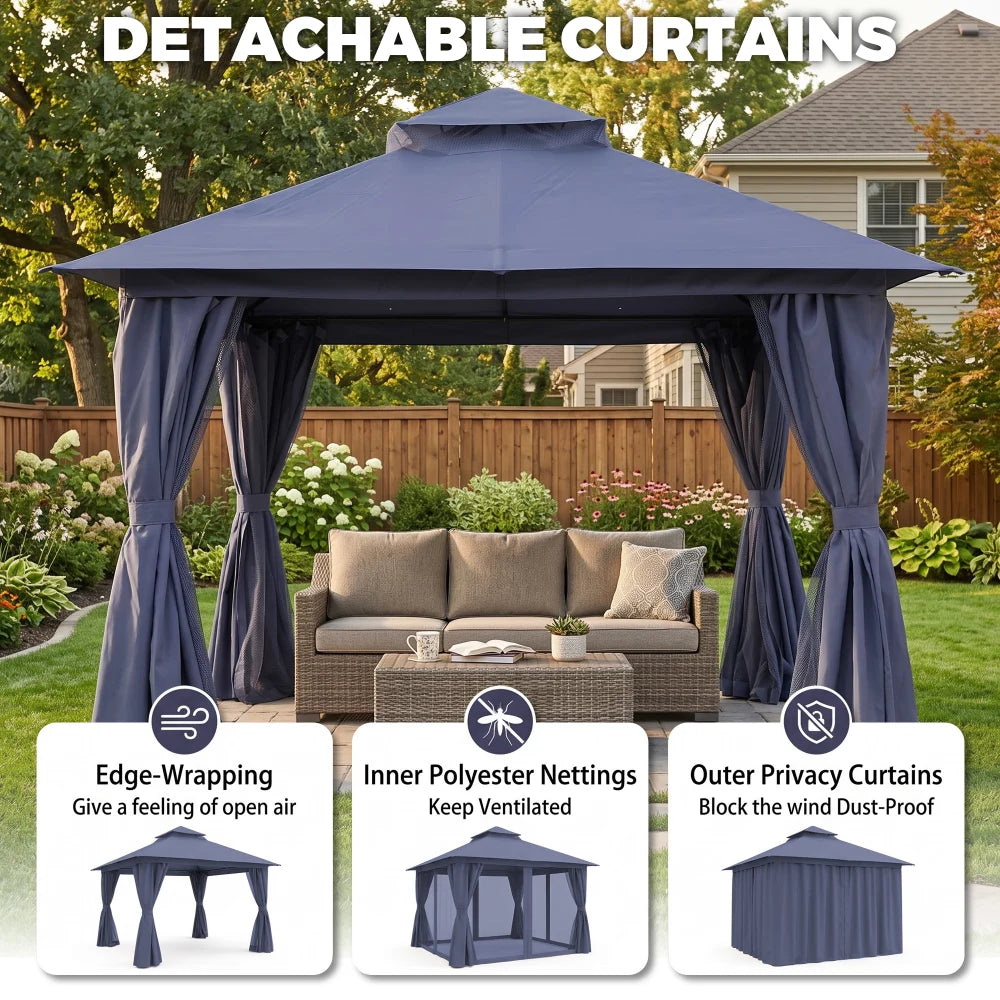 Navy Blue 10x10 gazebo with detachable privacy curtains