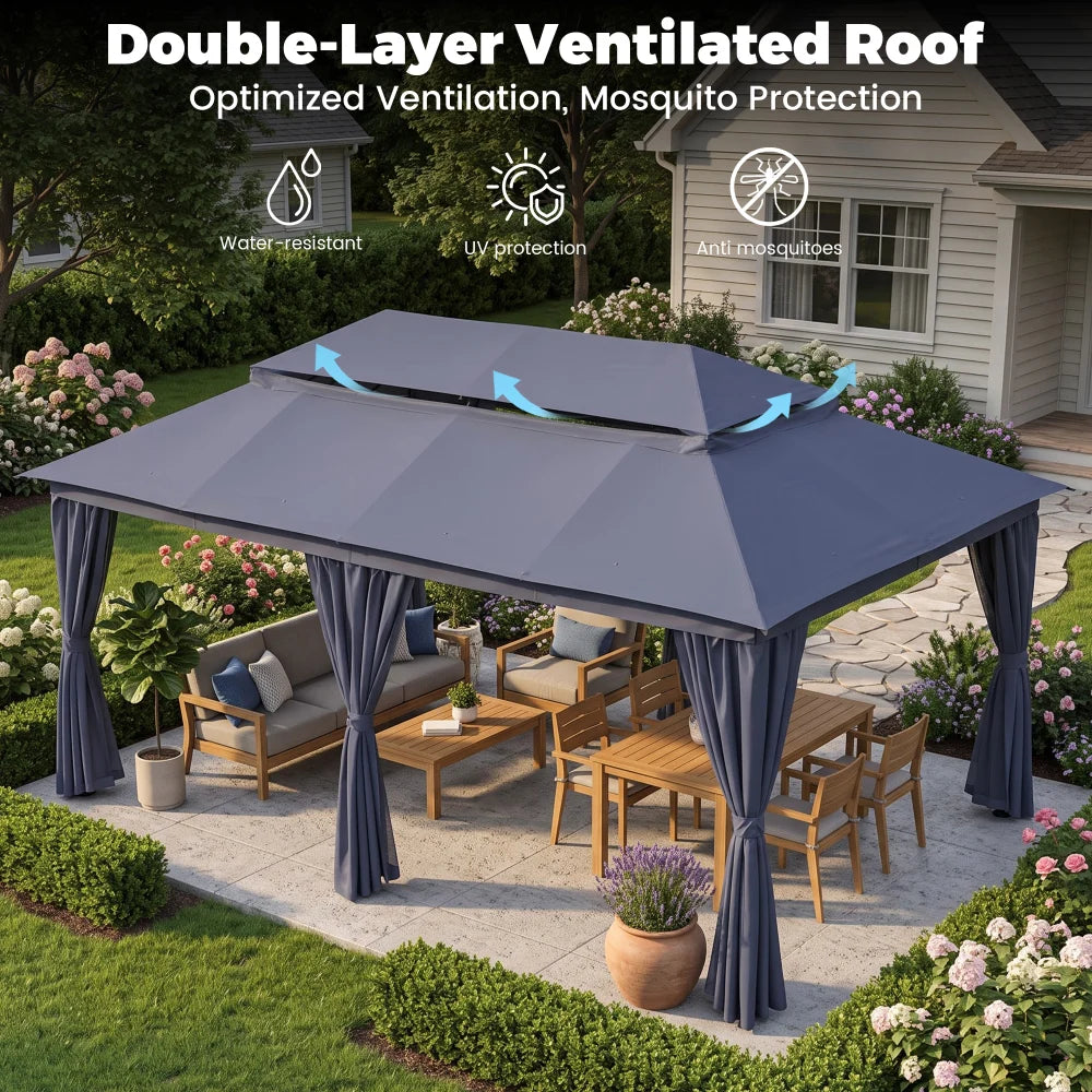 Navy blue gazebo with double-layer ventilated soft top roof