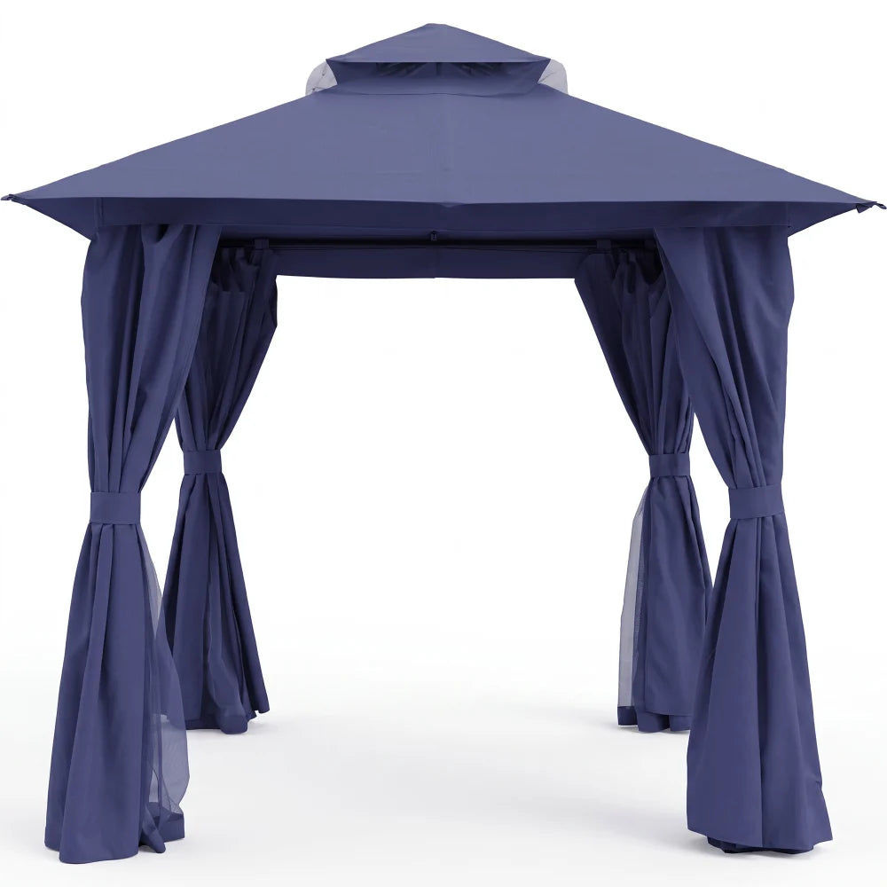 Navy blue 8x8 soft top patio gazebo with curtains