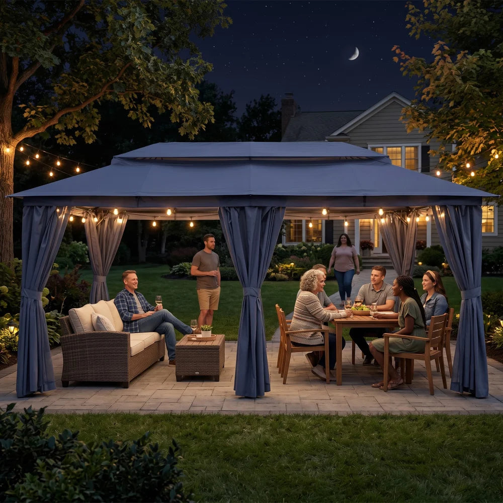 Navy blue outdoor gazebo with curtains for evening gatherings