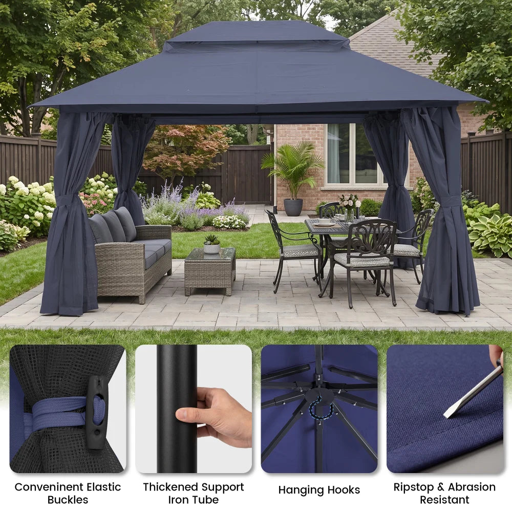 Navy Blue soft top gazebo with reinforced frame and curtain details