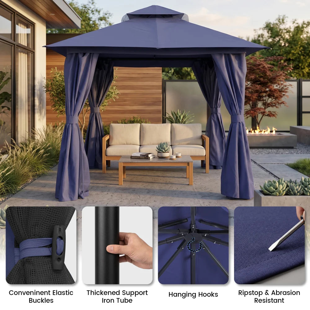 Navy blue soft top gazebo construction and curtain details