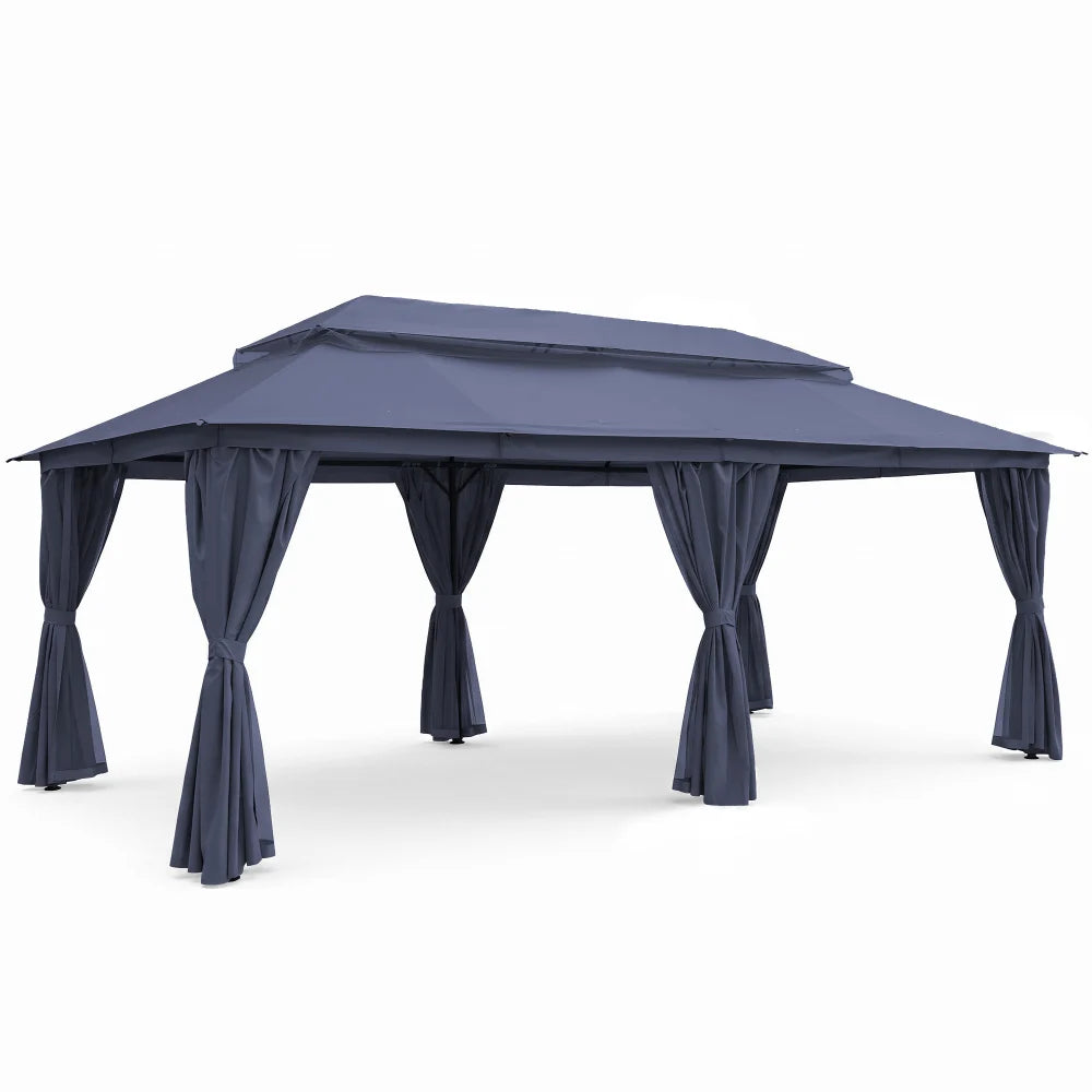Navy blue rectangular soft top patio gazebo with curtains
