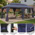 Navy blue soft top gazebo with reinforced frame and curtain details