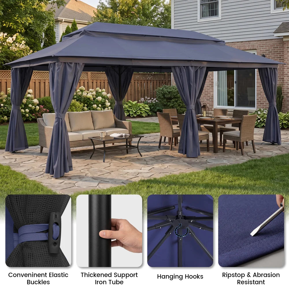 Navy blue soft top gazebo with reinforced frame and curtain details
