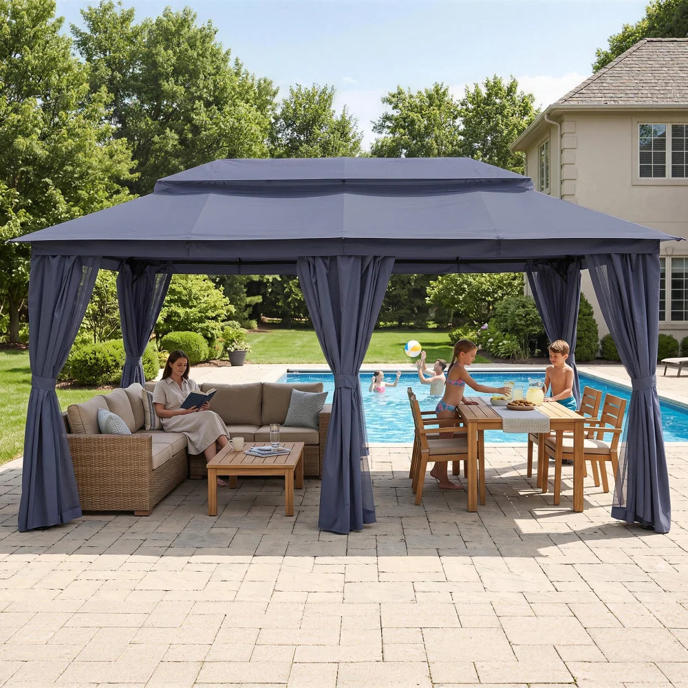 Navy blue outdoor gazebo beside pool and patio seating