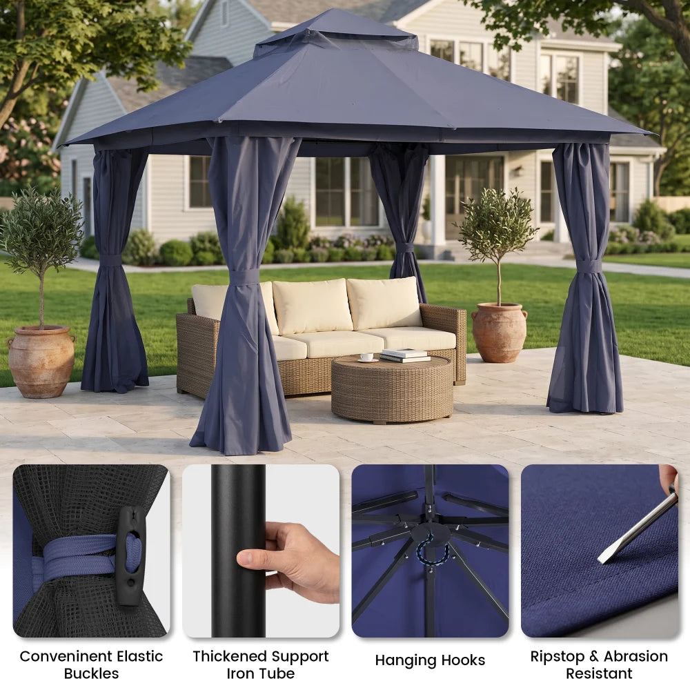Navy Blue soft top gazebo with reinforced frame and curtain details