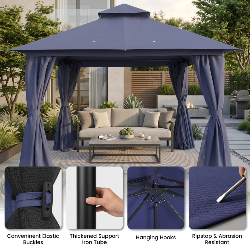 Navy Blue soft top gazebo with reinforced frame and curtain details