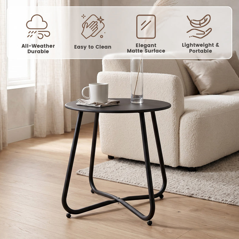 Black outdoor metal round side table used beside lounge seating for patio relaxation and gatherings