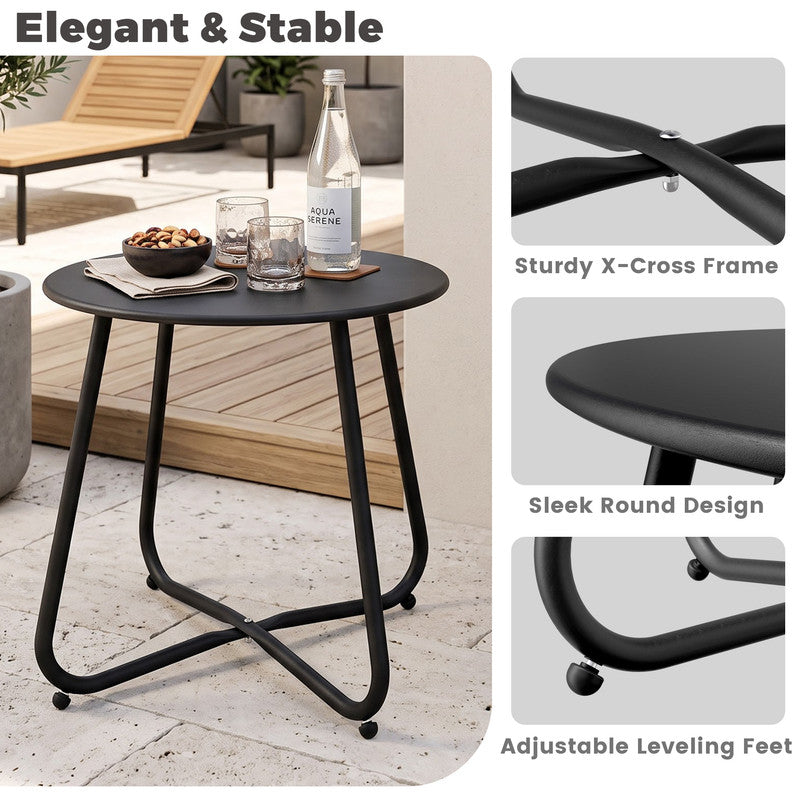 Black metal round side table showing stable criss-cross leg structure and reinforced steel frame